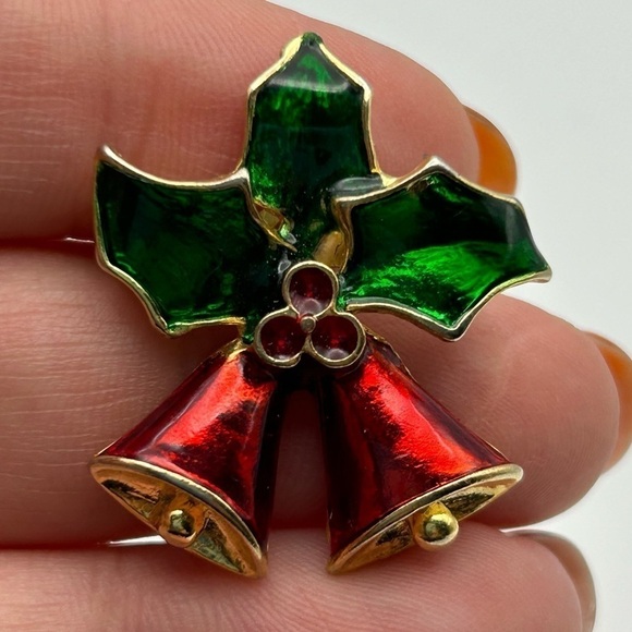 Vintage Small Red and Green Enamel Christmas Jingle Bells with Holly Dainty - Picture 1 of 4